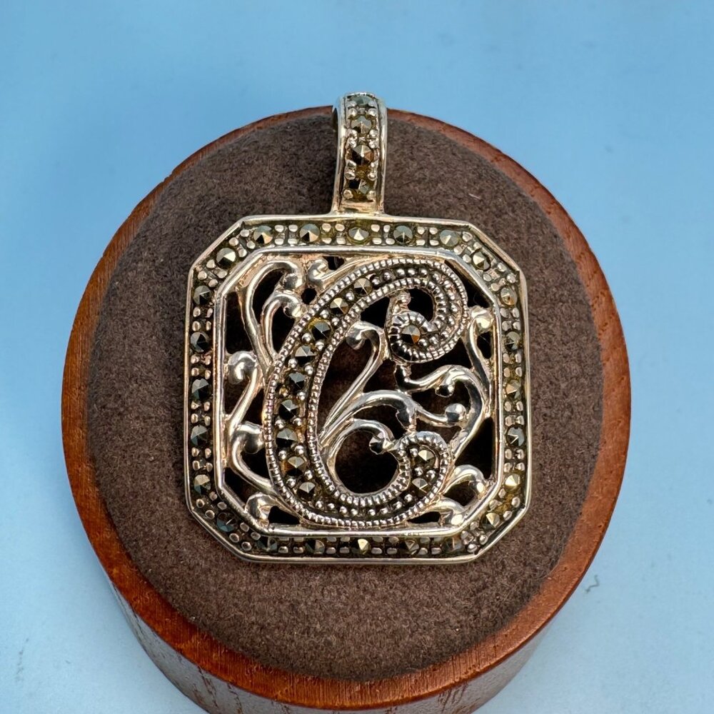 Sterling Silver 925 Marcasite Scroll Design Letter "C" Initial Pendant Sz 1.25''